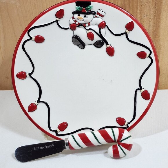 Fitz and Floyd Cheers Snowman Cheese Snack Plate & Candy Cane Spreader Christmas - Picture 2 of 7